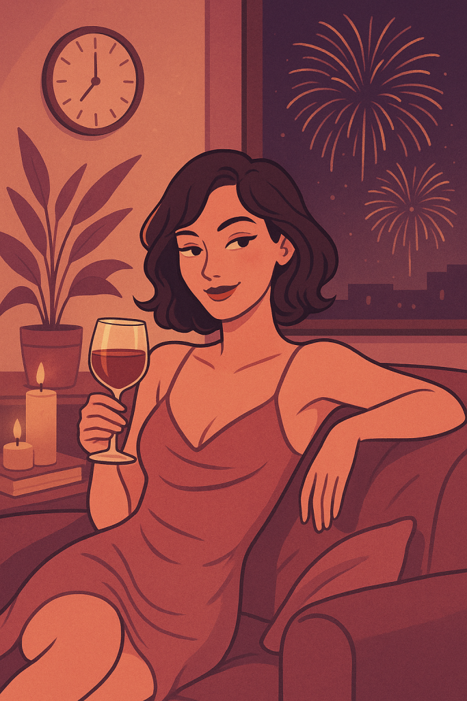 Illustration einer entspannten Frau mit kurzen dunklen Haaren, die in einem rosa Kleid auf einem Sofa sitzt und ein Glas Rotwein hält. Sie lächelt geheimnisvoll, während im Hintergrund durch das Fenster bunte Feuerwerke am Nachthimmel zu sehen sind. Neben ihr stehen Kerzen und eine Zimmerpflanze, die eine warme, gemütliche Atmosphäre schaffen.